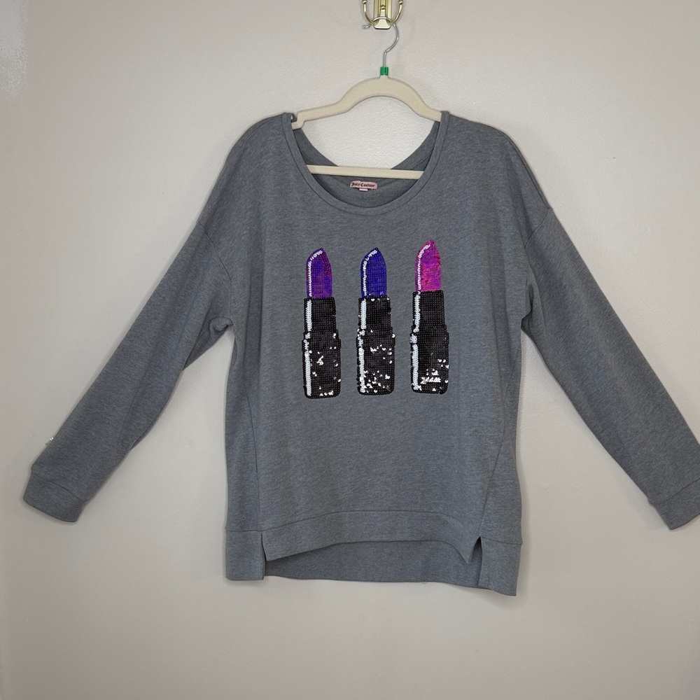 Juicy Couture Gray Sweatshirt with Sequin Lipstick Design XL